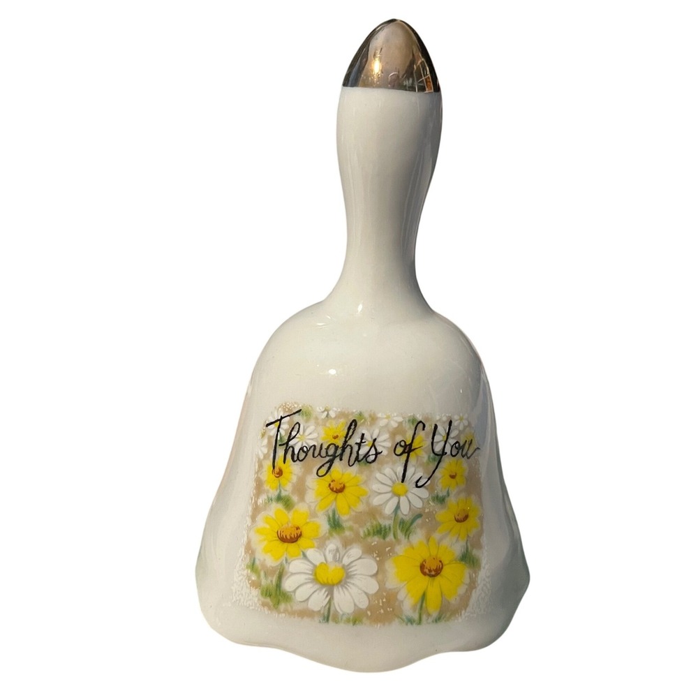 Vtg Enesco "Thought of You" Porcelain Bell White Bell Floral Gold Tip Vtg Decor